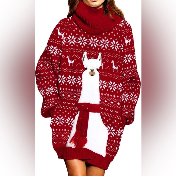 Sweaters - NWT- Medium Red Llama Pattern Women's Sweater Dress